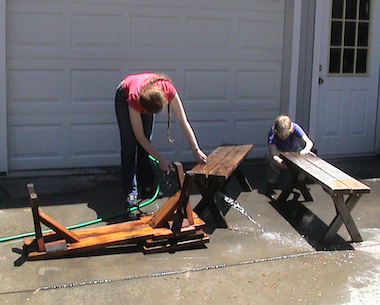 Washing grinding benches between grades of grit.